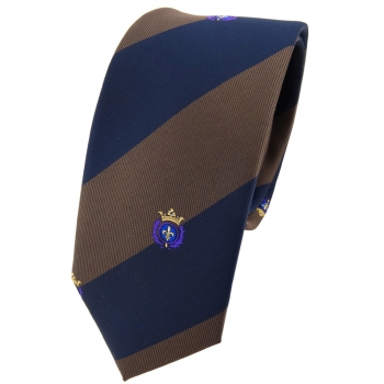 Schmale TigerTie Krawatte braun dunkelbraun dunkelblau gestreift Wappen - Binder