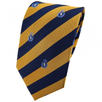 TigerTie Seidenkrawatte in gold blau dunkelblau silber gestreift mit Wappen