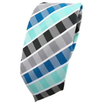 Schmale TigerTie Krawatte türkis mint wasserblau grau anthrazit weiß gestreift