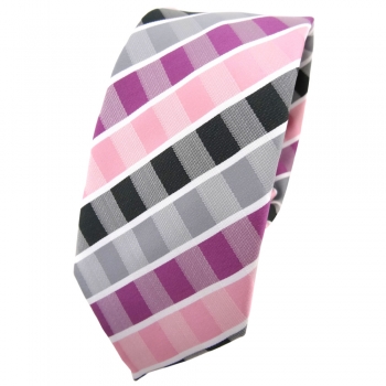 Schmale TigerTie Krawatte rosa rotviolett grau anthrazit weiß gestreift - Binder