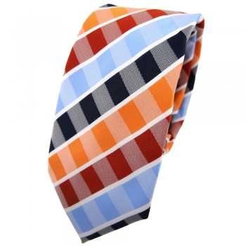 Schmale TigerTie Krawatte orange rotorange blau hellblau weiß gestreift - Binder