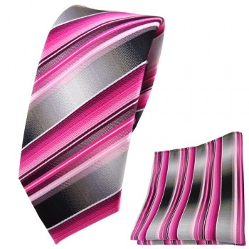 Schmale TigerTie Krawatte + Einstecktuch rosa pink magenta anthrazit silber grau