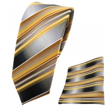 Schmale TigerTie Krawatte + Einstecktuch gold gelb silber anthrazit grau - Tuch