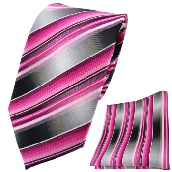 TigerTie Krawatte + Einstecktuch rosa pink magenta anthrazit silber grau - Tuch