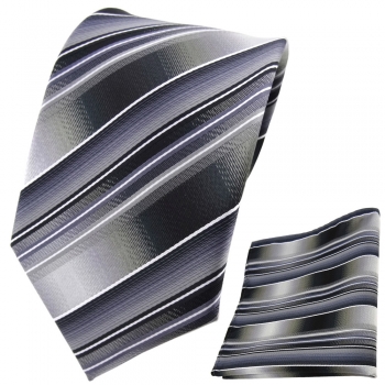 TigerTie Krawatte + Einstecktuch grau silber anthrazit hellgrau gestreift - Tuch