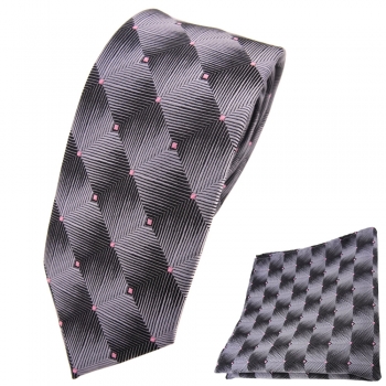 schmale TigerTie Krawatte + Einstecktuch grau silber anthrazit rosa gepunktet