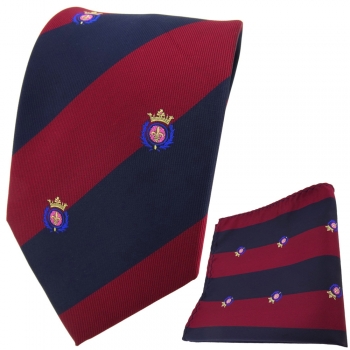 TigerTie Designer Krawatte + Einstecktuch in rot dunkelblau gestreift mit Wappen