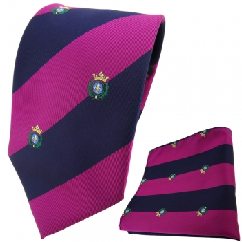 TigerTie Designer Krawatte + Einstecktuch lila dunkelblau gestreift mit Wappen