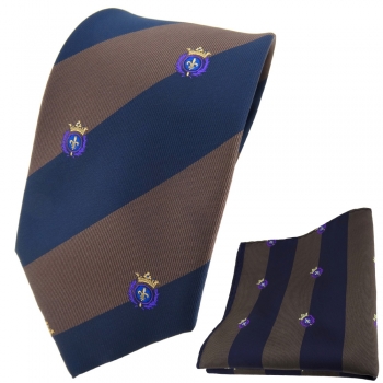 TigerTie Designer Krawatte + Einstecktuch braun dunkelblau gestreift mit Wappen