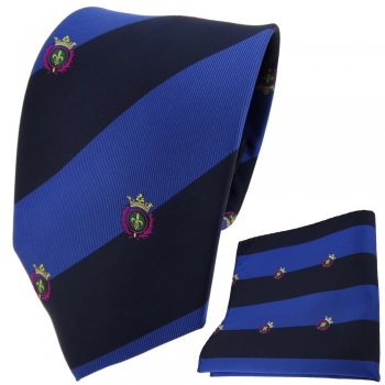 TigerTie Designer Krawatte + Einstecktuch blau saphirblau gestreift mit Wappen
