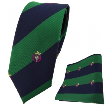 schmale TigerTie Krawatte + Einstecktuch grün dunkelblau gestreift mit Wappen