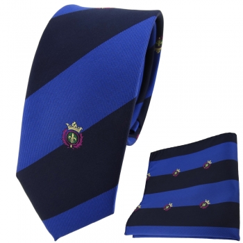 schmale TigerTie Krawatte + Einstecktuch blau saphirblau gestreift mit Wappen