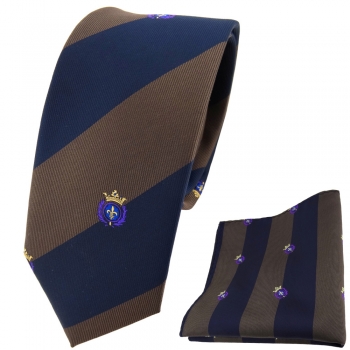 schmale TigerTie Krawatte + Einstecktuch braun dunkelblau gestreift mit Wappen