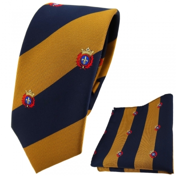 schmale TigerTie Krawatte + Einstecktuch gold dunkelblau gestreift mit Wappen