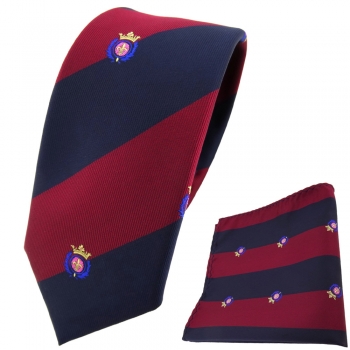 schmale TigerTie Krawatte + Einstecktuch weinrot dunkelblau gestreift mit Wappen