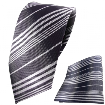 TigerTie Designer Krawatte + Einstecktuch anthrazit schwarz grau gestreift