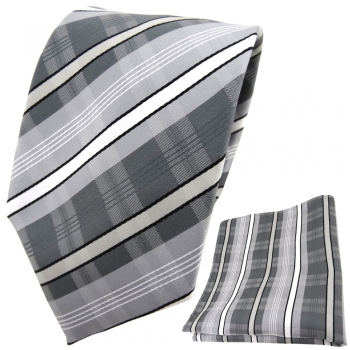 TigerTie Designer Krawatte + Einstecktuch silber grau weiß schwarz gestreift