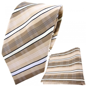 TigerTie Designer Krawatte + Einstecktuch beige elfenbein weiß grau gestreift
