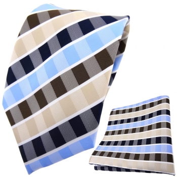 TigerTie Designer Krawatte + Einstecktuch beige blau hellblau weiß gestreift