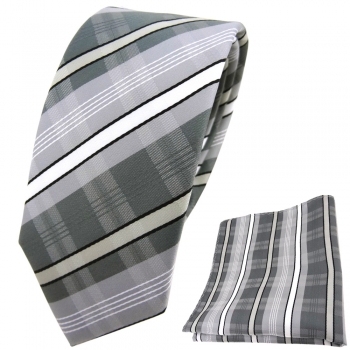 schmale TigerTie Krawatte + Einstecktuch silber anthrazit weiß schwarz gestreift