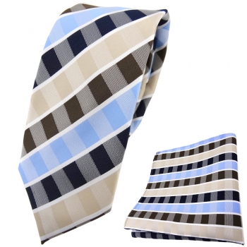 schmale TigerTie Krawatte + Einstecktuch beige blau hellblau weiß gestreift