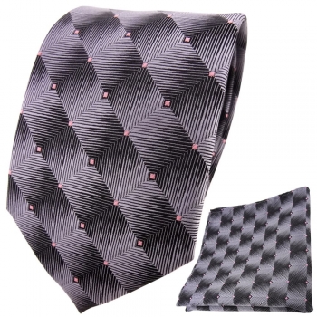TigerTie Designer Krawatte + Einstecktuch grau silber anthrazit rosa gepunktet