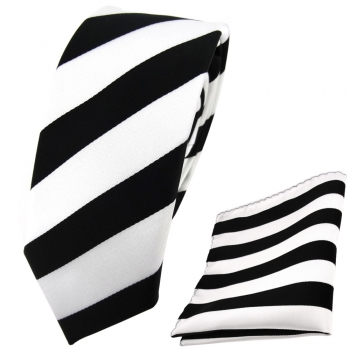schmale TigerTie Krawatte + Einstecktuch schwarz weiß gestreift