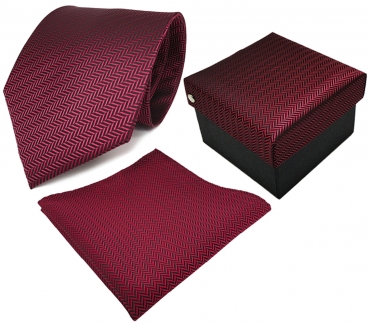 3er Set TigerTie Krawatte + Einstecktuch + Geschenkbox in rot schwarz gestreift