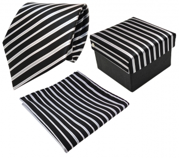 3er Set TigerTie Krawatte + Einstecktuch + Box in schwarz silber grau gestreift