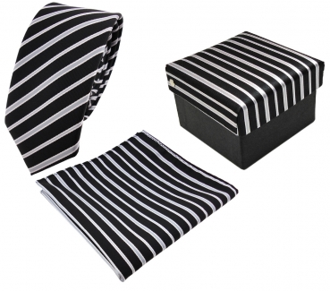 3er Set schmale TigerTie Krawatte + Einstecktuch + Box in schwarz grau gestreift