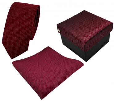 3er Set schmale TigerTie Krawatte + Einstecktuch + Box in rot schwarz gestreift