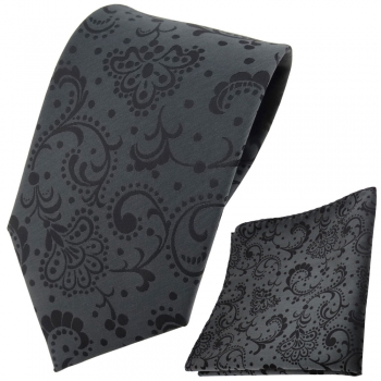 TigerTie Krawatte + Einstecktuch anthrazit schwarz gemustert