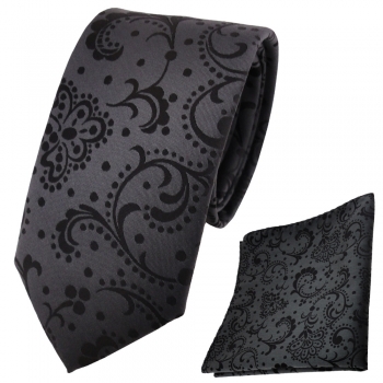 schmale TigerTie Krawatte + Einstecktuch anthrazit schwarz gemustert