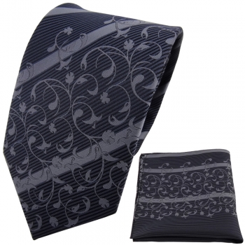 TigerTie Designer Krawatte + Einstecktuch anthrazit grau dunkelgrau gestreift