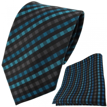 TigerTie Designer Krawatte + Einstecktuch türkis anthrazit schwarz gestreift