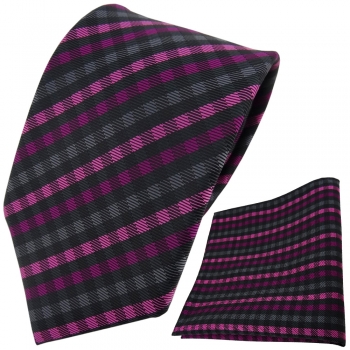 TigerTie Designer Krawatte + Einstecktuch magenta anthrazit schwarz gestreift