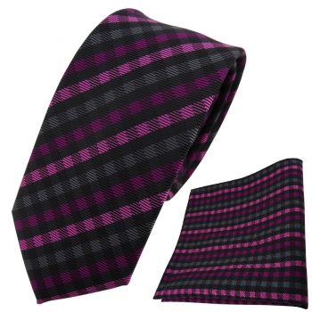 schmale TigerTie Krawatte + Einstecktuch magenta anthrazit schwarz gestreift