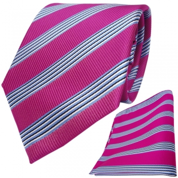 TigerTie Designer Krawatte + Einstecktuch pink blau schwarz weiss gestreift