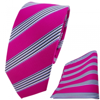 Schmale TigerTie Krawatte + Einstecktuch pink blau schwarz weiss gestreift