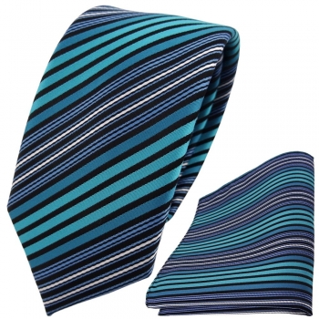 schmale TigerTie Krawatte + Einstecktuch türkis blau schwarz silber gestreift