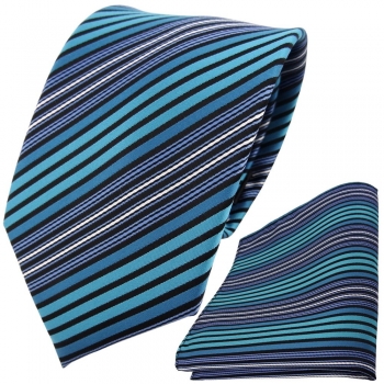 TigerTie Designer Krawatte + Einstecktuch türkis blau schwarz silber gestreift