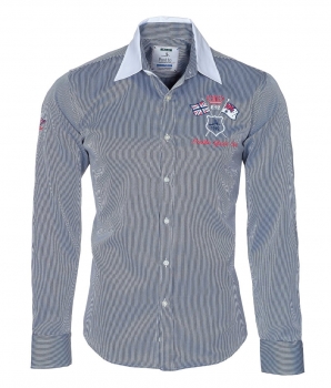 Pontto Designer Hemd Shirt in blau weiß gestreift langarm Modern-Fit Gr.S