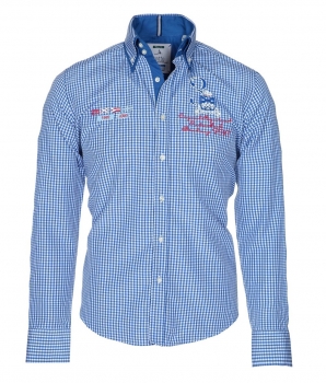 Pontto Designer Hemd Shirt in blau weiß kariert langarm Modern-Fit Gr.S