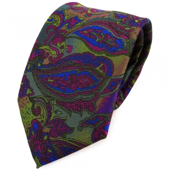 TigerTie Designer Krawatte violett blau olivegrün mehrfarbig Paisley gemustert