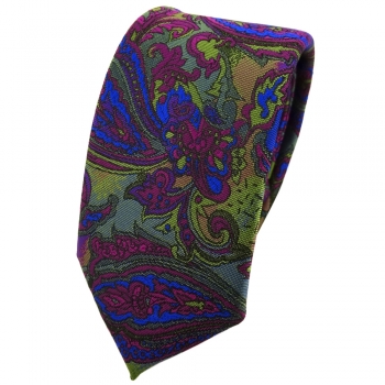 Schmale TigerTie Krawatte in violett blau olivegrün mehrfarbig Paisley gemustert