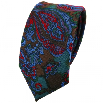 Schmale TigerTie Krawatte in rot blau flieder grün mehrfarbig Paisley gemustert