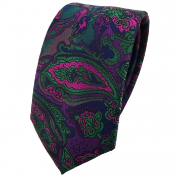 Schmale TigerTie Krawatte in lila grün marine pink mehrfarbig Paisley gemustert