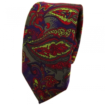 Schmale TigerTie Krawatte in violett olive rot blau mehrfarbig Paisley gemustert