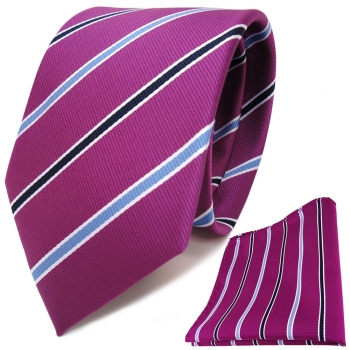 TigerTie Designer Krawatte + Einstecktuch magenta violett blau weiss gestreift