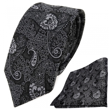 schmale TigerTie Krawatte + Einstecktuch anthrazit schwarz grau silber Paisley